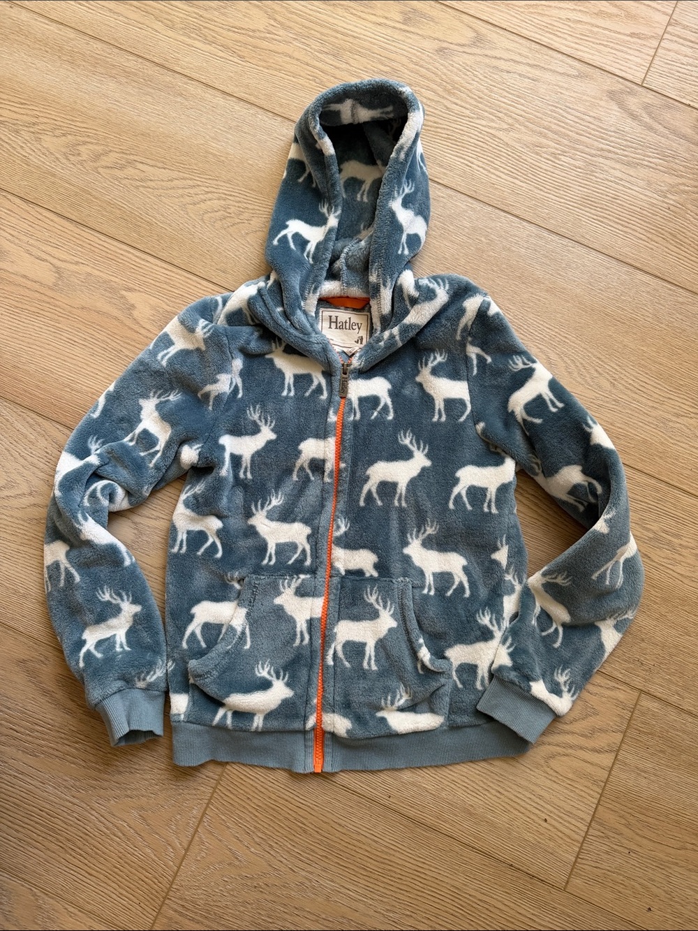 Hatley Blue Fleece Hoodie with White Moose Print and Orange Zip